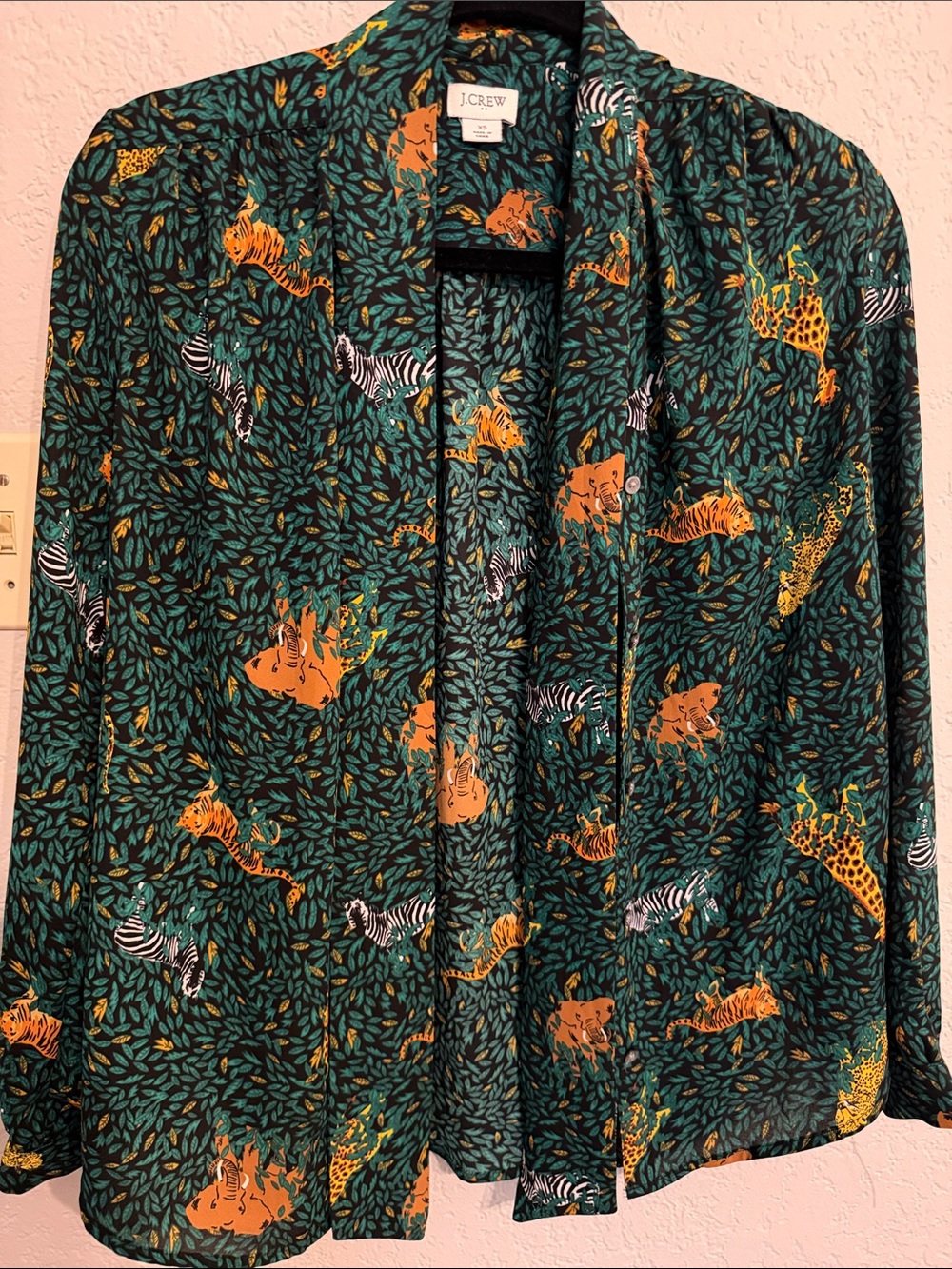 J. Crew Factory Teal Green Button-Down Shirt with Orange Safari Animals